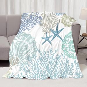 Fleece Throw Blanket Super Soft Warm Flannel Nautical Coastal Child Blankets for Couch, Sofa Bed, Cozy,Fuzzy and Lightweight,Ocean Coral Beach Blue Teal,40x50 Inches