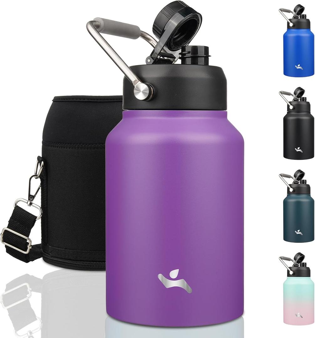 Konokyo Half Gallon Jug with Handle,64 oz Insulated Water Bottle with Carrying Pouch,Double Wall Vacuum Stainless Steel Metal Bottle,Purple