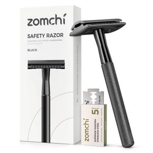 ZOMCHI Safety Razor for Men with 5 Double Edge Safety Razor Blades, One Blade Safety Razor, Metal Razor Zero Waste  Black (1 Count (Pack of 1))