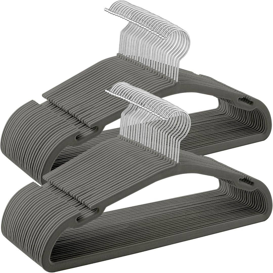 SONGMICS Velvet Hangers 50 Pack, Non-Slip Clothes Hangers, 17 x 8.3 Inches, Coat Hangers with Wide Shoulder Notches, Pants Bar, 360 Swivel Hook, Space-Saving, for Closet, Gray UCRF039G02