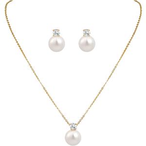 14K Gold Plated Pearl Necklace and Earring Set for Women Jewelry Set with Pearl Pendant Necklace and Studs Earrings for Wedding and Bridesmaid