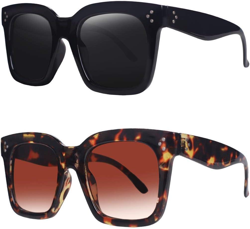Vintage Women Oversized Sunglasses Designer Luxury Square Sun Glasses UV400 Protection Flat Lens ((2 Pack) Black Frame Grey Lens+tortoise Frame Gradient Brown Lens)