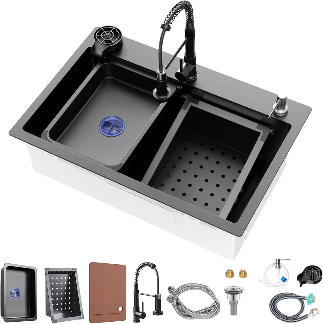 30 x 18 inch Kitchen Sink, Single Bowl Stainless Steel Sink Multifunctional Drop In Sink with Pull-Down Faucet and Multiple Accessories (30 * 18 inch)