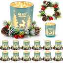 12 Sets 4inch Christmas Glass Votive Candle Holders Decoration Christmas Tealight Candle Holder with Xmas Berry Rings Wreath for Xmas Table Centerpiece Holiday Party Supplies (Silver)