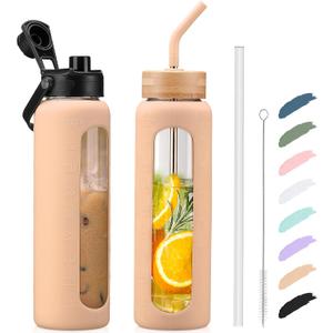Kodrine 32oz Glass Water Bottle with Straw, Glass Drinking Bottle with 2 lids-Bamboo and Spout Lid, Leakproof Daily Water Intake Bottle with Time Marker for Home, Outdoor Sports, BPA free, Amber