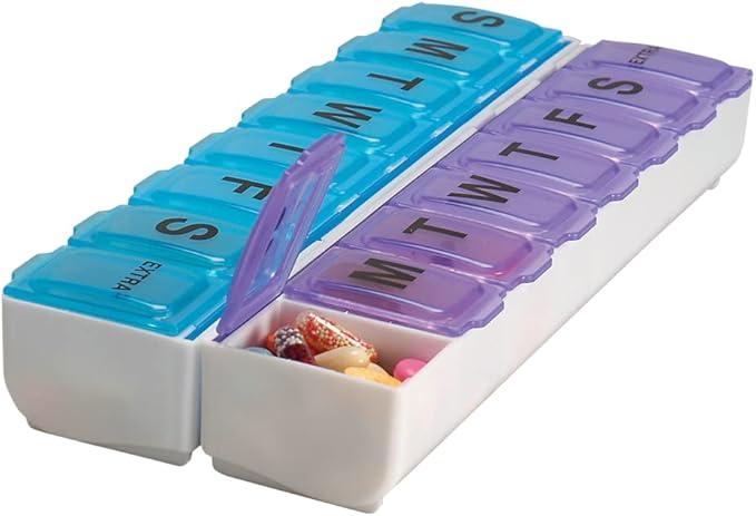 EZY DOSE Weekly (14-Day) Pill Organizer, Vitamin and Medicine Box, Large Snap Compartments, Easy-To-Open, BPA Free, Blue and Purple