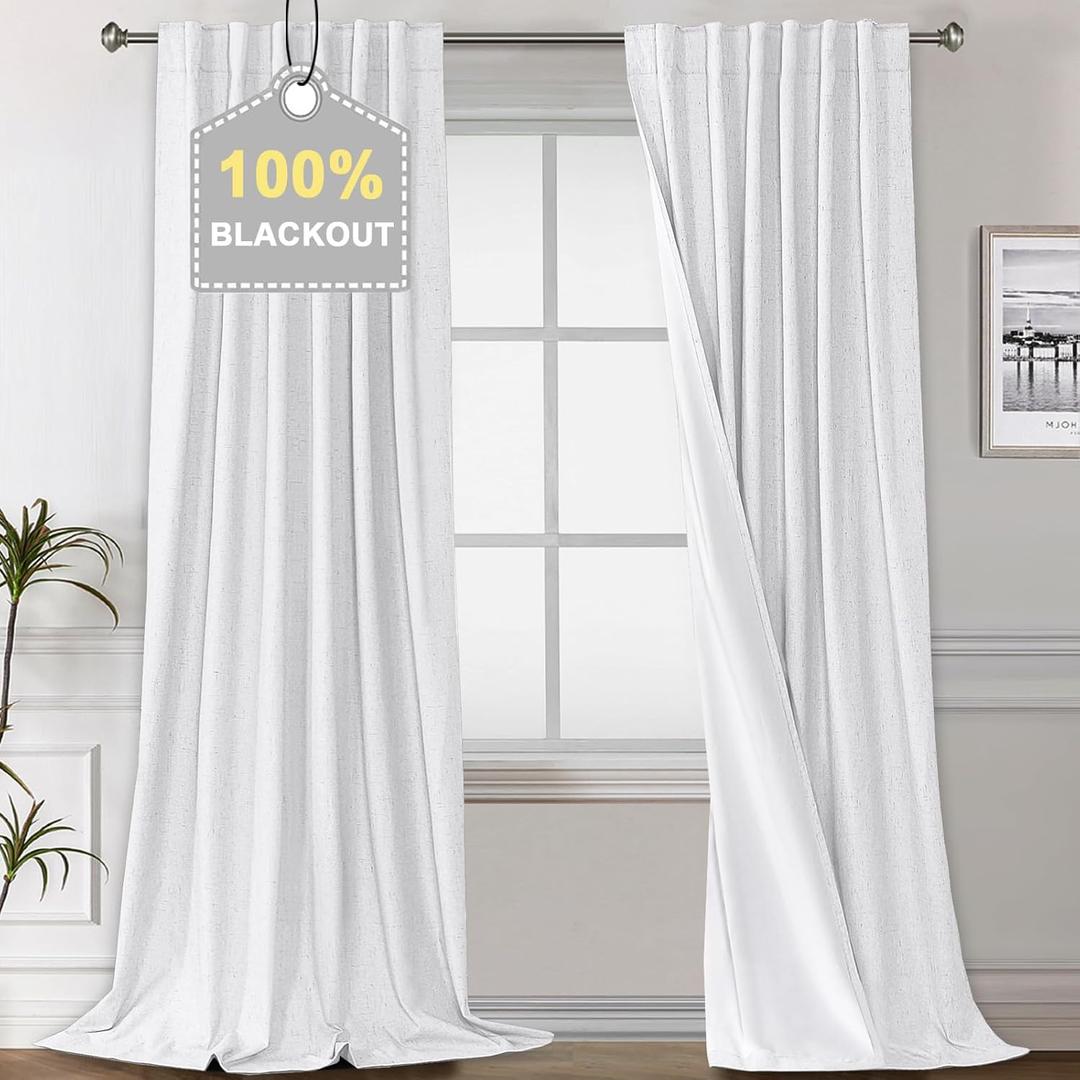 H.VERSAILTEX White Blackout Curtains 96 Inches Long, 100% Black Out Curtains Faux Linen Thermal Insulated Room Darkening Drapes for Bedroom, Nursery, Living Room - Pure White W52xL96, 2 Panels