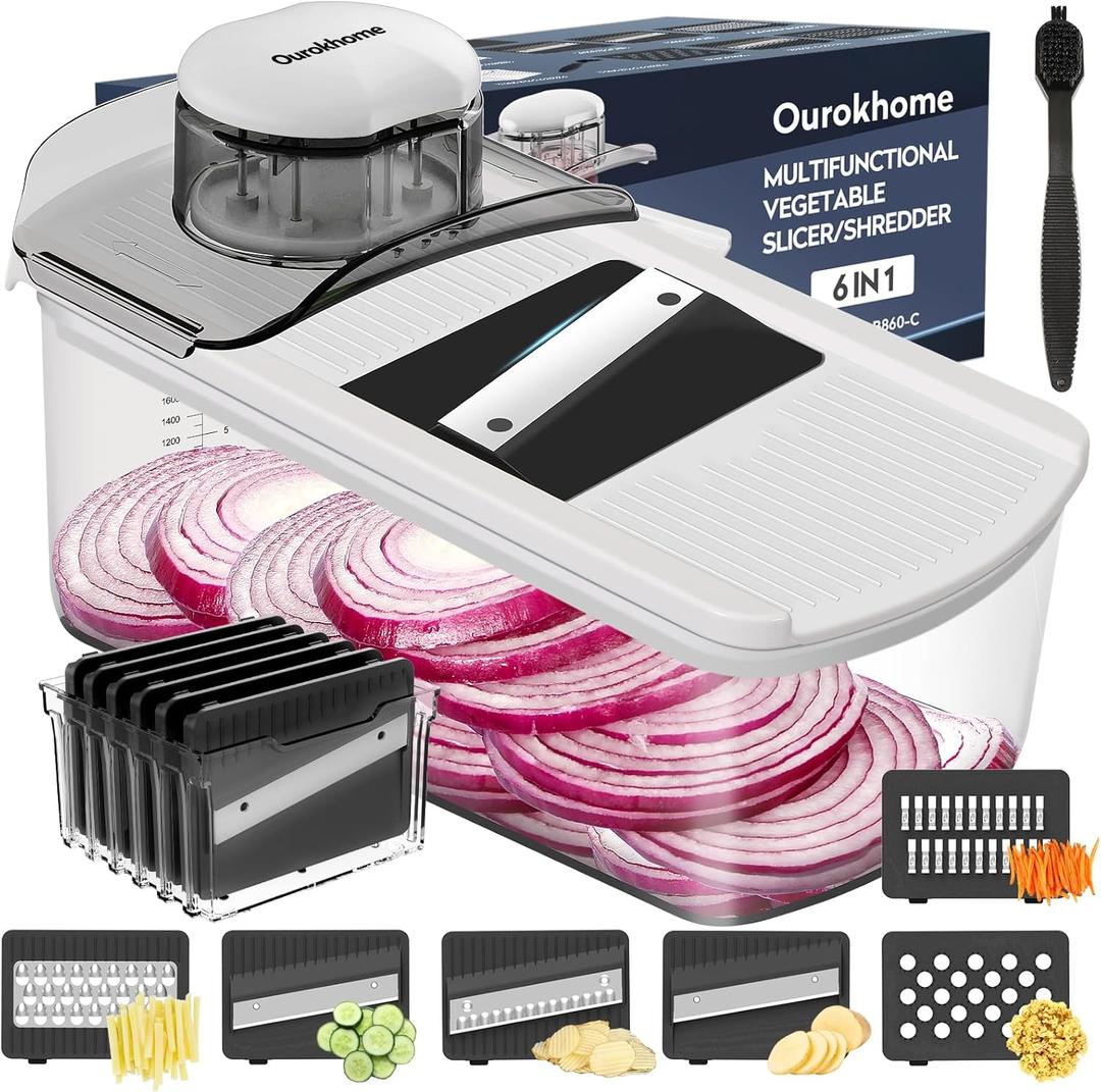 Ourokhome Vegetable Mandolin Slicer, Hand Safe Kitchen Food Shredder with 6 Mandoline Blades, Veggie Waffle Cutter for Potato, Carrot, Zucchini, Onion, Essential Kitchen Gadgets (6 in 1, White)