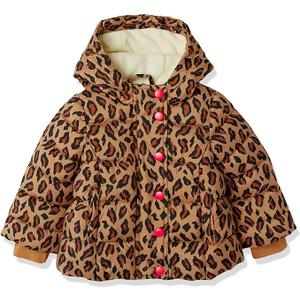Amazon Essentials Girls and Toddlers' Heavyweight Hooded Puffer Coat, Water-Resistant, 12 Months, Camel Cheetah Print