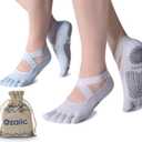 Ozaiic Yoga Socks for Women with Grips, Non-Slip Five Toe Socks for Pilates, Barre, Ballet, Fitness (One Size, Lavenderblush+ Lightblue-2 Pair)