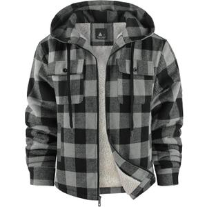 Mens Plaid Full Zip Hoodie Warm Flannel Shirt Jacket Fleece Lined Outerwear Coat with Hood (X-Large)