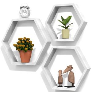 Hexagon Floating Shelves Set of 3, White Wooden Hexagon Shelves for Wall Decor, Modern Honeycomb Floating Hanging Shelf, Decorative Wall Organizer for Living Room, Bedroom, Bathroom