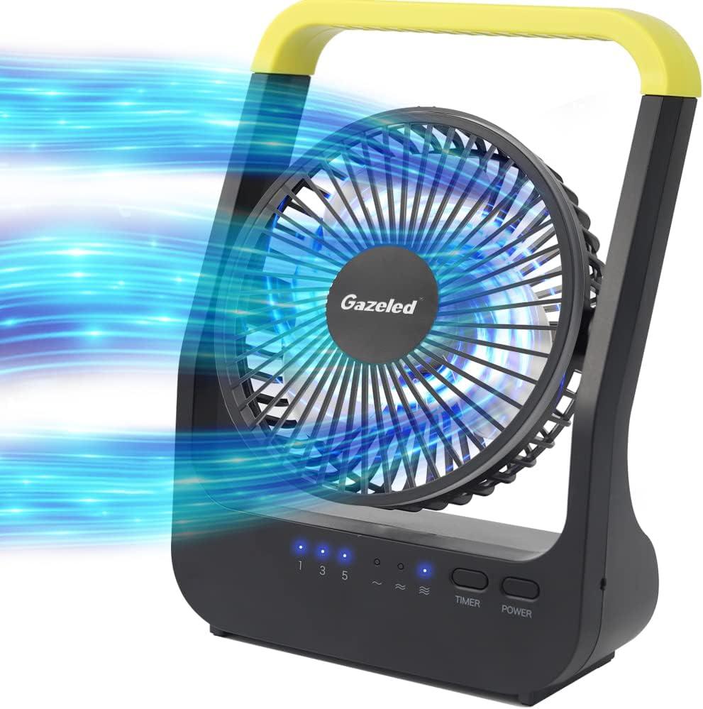 Gazeled Battery Powered Fan, Long Lasting Battery Operated Fans for Camping, Portable D-Cell Desk Fan with Timer, 3 Speeds, Whisper Quiet, 180 Rotation, for Office, Bedroom, Outdoor, 5'', Model: F15