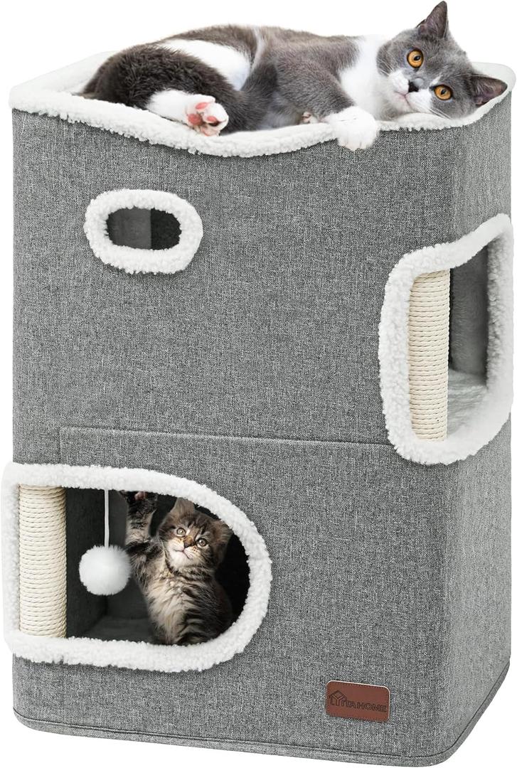 YITAHOME 2 Storey Cat House, Cat Beds for Indoor Cats, Small Cat Condo with Scratch Post and Hideaway Cave, Modern Cat Cube Playhouse for Multi Kittens, Classic Style, Grey