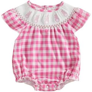 Pack of 2 Gueuusu Newborn Baby Girl Easter Outfit Bunny Embroidery Smocked Bubble Romper Short Sleeve One Piece Bodysuit Infant Clothes