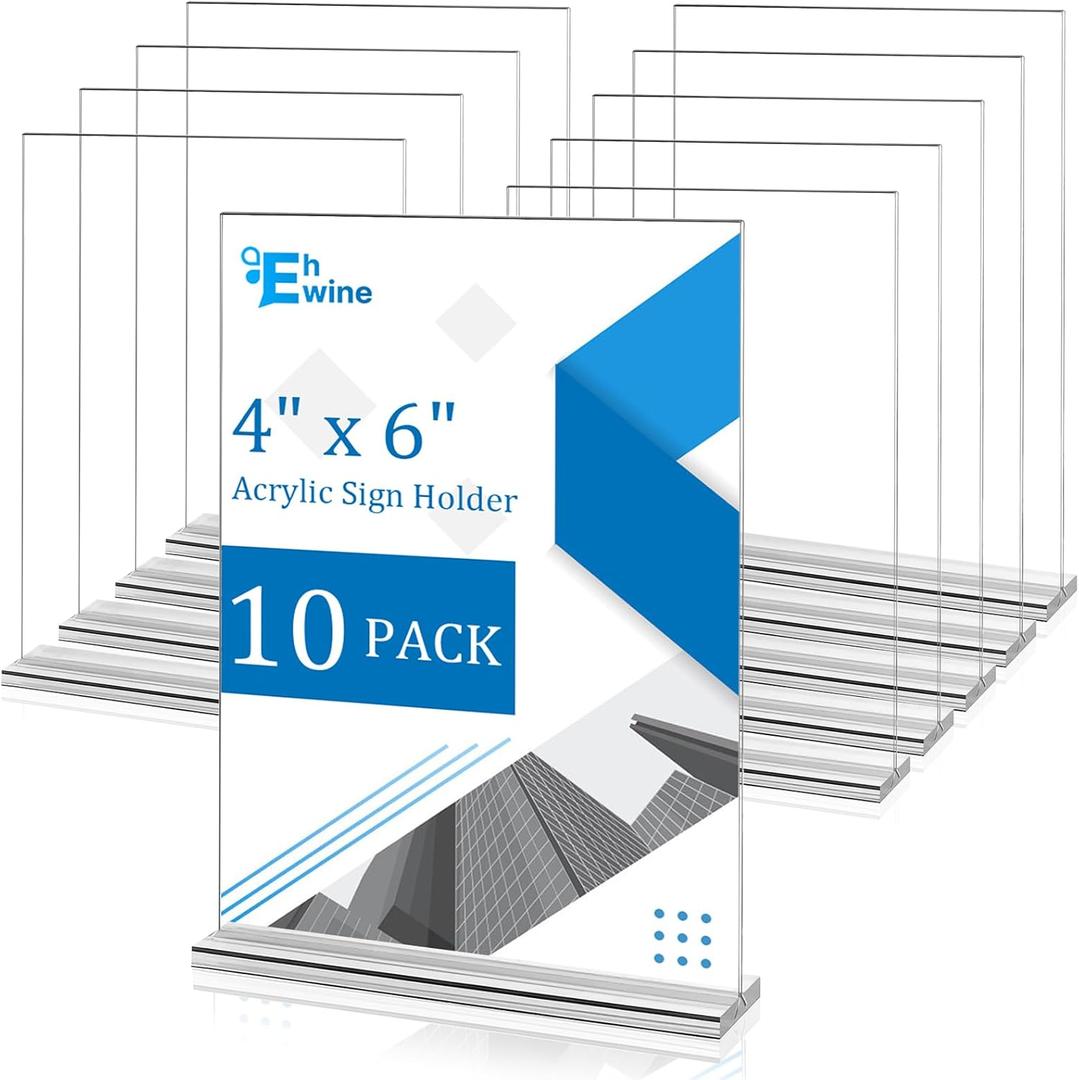 EHWINE 10 Pack Acrylic Sign Holder 4x6, Double-Sided Stand up Table Top Sign Holders, Clear Acrylic Picture Frame Paper Holder Display Stand for Office Business Store Wedding Party