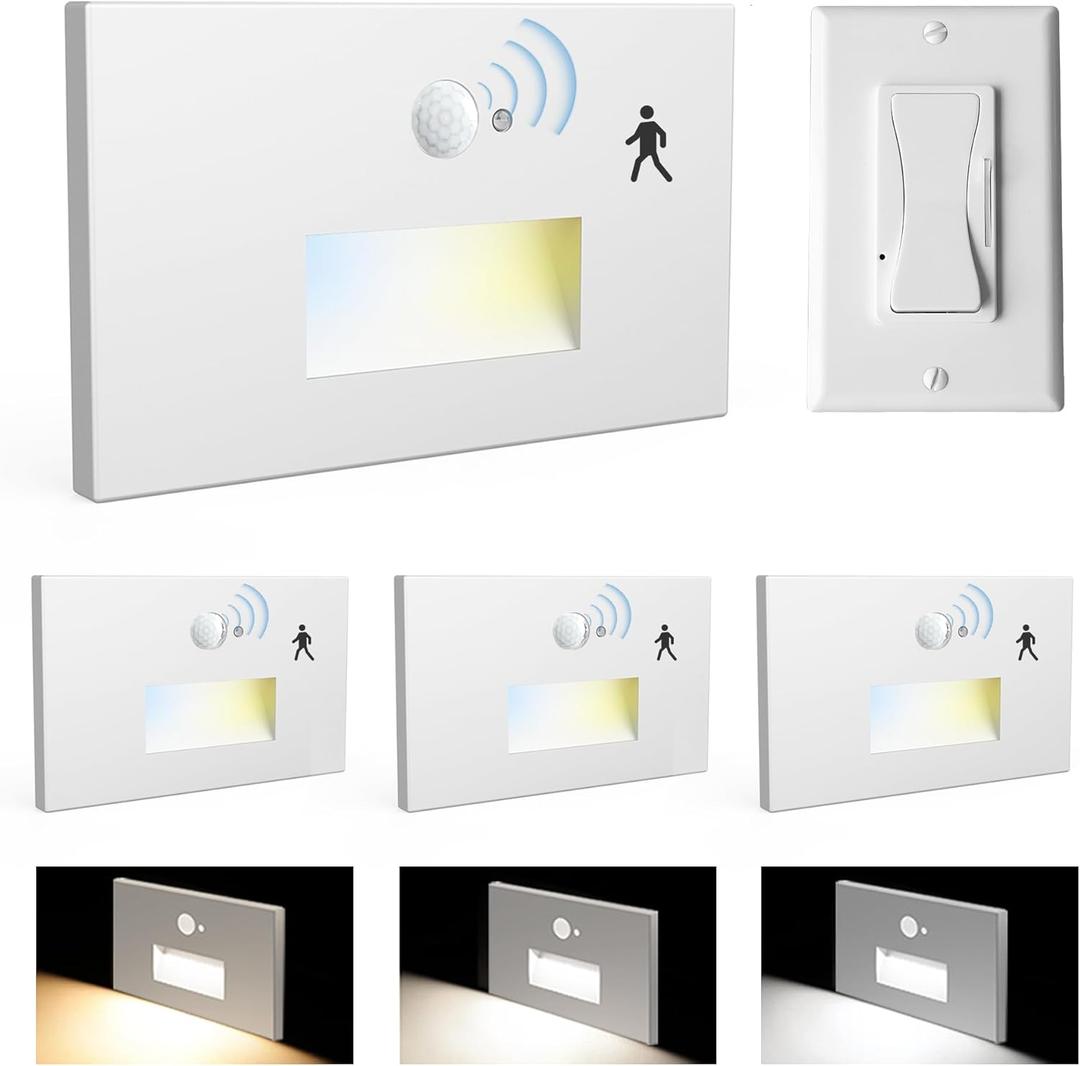 4 Pack Motion Sensor Stair Lights Indoor Outdoor,Dimmable Motion Activated Step Lamp 3000K/4000K/6000K,Hardwired 120V 4W IP65 Waterproof Outside Stairway Lights,Led Staircase Light- White