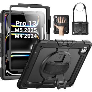SEYMAC Case for iPad Pro 13 Inch M5 2025 / M4 2024, Heavy Duty Shockproof Protective Case with Screen Protector, 360 Rotating Stand, Hand/Shoulder Strap and Pen Holder, Black
