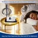 CPAP Hose Holder for Bed - (Wall-Damage-Free) Black CPAP Machine Protective Tray with Adjustable Height Hook for Hanging Mask & Accessories to Keep Bedside Tidy