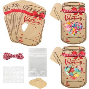 48Pcs Valentines Cards for Kids Mason Jar Happy Valentines Day Cards Candy Holder Card Bulk Valentine Candy Bag Jar Valentine's Day Paper Jar for Classroom Exchange Party Favors (Candy Not Included)