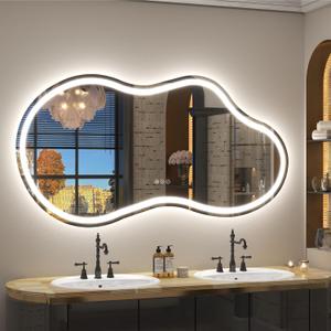 60x32 Inch Irregular Cloud LED Bathroom Mirror with Lights, Asymmetrical Lighted Vanity Mirror for Wall, Anti-Fog, Dimmable, Memory, 3 Colors (Horizontal/Vertical)