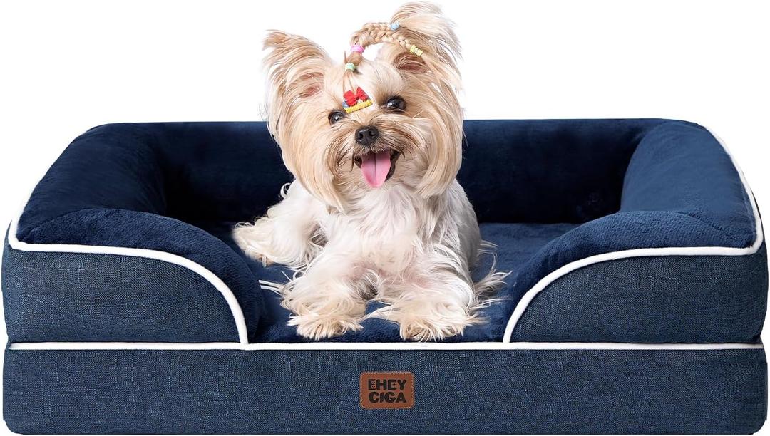 EHEYCIGA Orthopedic Dog Bed for Small Dogs, Waterproof Memory Foam Small Dog Beds with Sides, Non-Slip Bottom and Egg-Crate Foam Medium Pet Couch Bed with Washable Removable Cover, Navy (24.0"l X 18.0"w X 6.0"th)