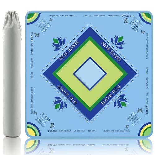Gedgan Ocean Blue Mahjong Mat with Lotus & Butterfly Artwork - 32.4x32.4 Inch Hand-Painted Style Rubber Mat, Waterproof Surface, Anti-Slip Foldable Design for Asian-Themed Game Nights (Marine Blue)
