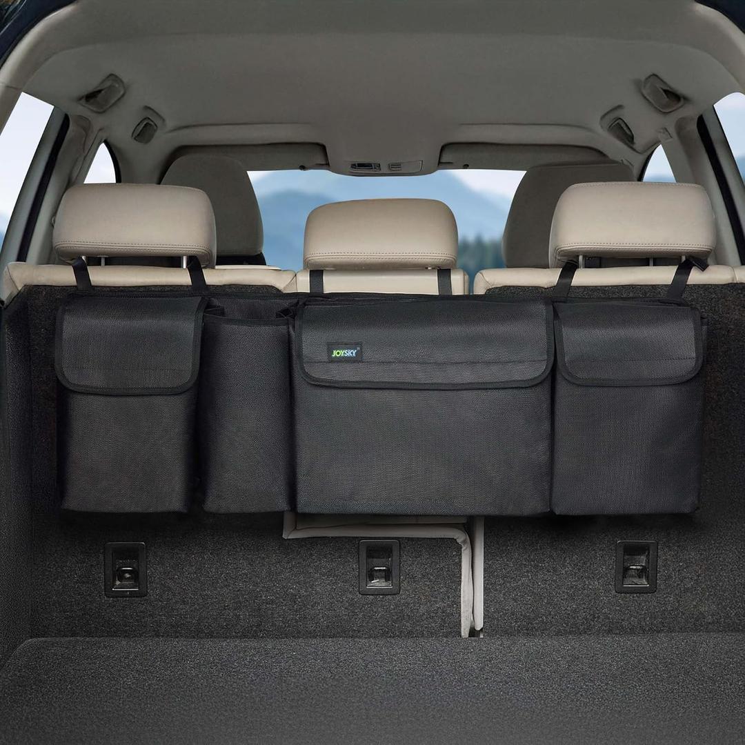 JOYSKY Trunk Hanging Organizer, Backseat Car Organizer with Large Pockets for SUV, Truck, MPV, Collapsible Vehicle Storage Bag, Car Interior Accessories Providing More Trunk Space (Black)