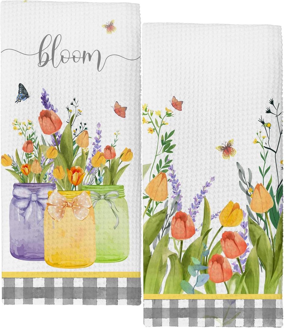 Tulip Bloom Flowers Seasonal Spring Summer Kitchen Towels,Tulip Decor Dish Towels Drying Cloth Hand Towels for Farmhouse Kitchen Bathroom,16x24 Inches Set of 2.(023)