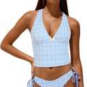Vintage Gingham Halter Tank Top & Cinched Tie Side Tankini Set (Small, Light Blue)
