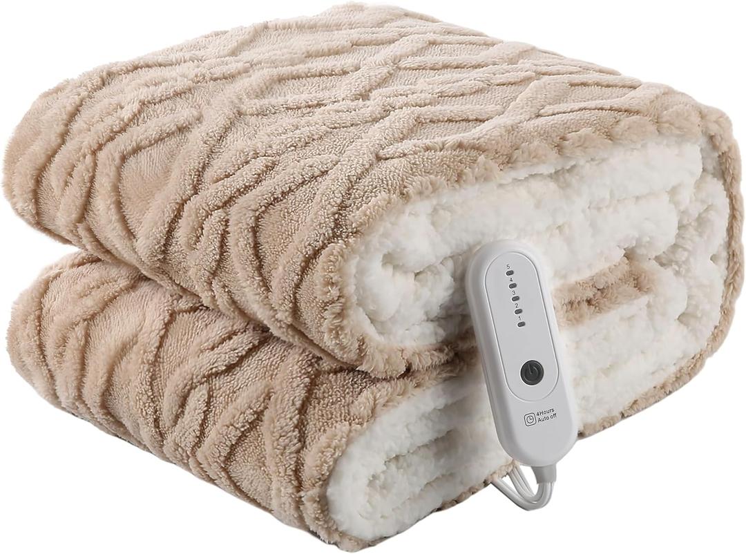 Electric Heated Blanket 50x60 Inches Heated Throw with 5 Fast Heating Levels & 4 Hours Auto Off, Fuzzy Soft Cozy Sherpa Blanket for Couch Sofa, ETL&FCC Certification, Beige