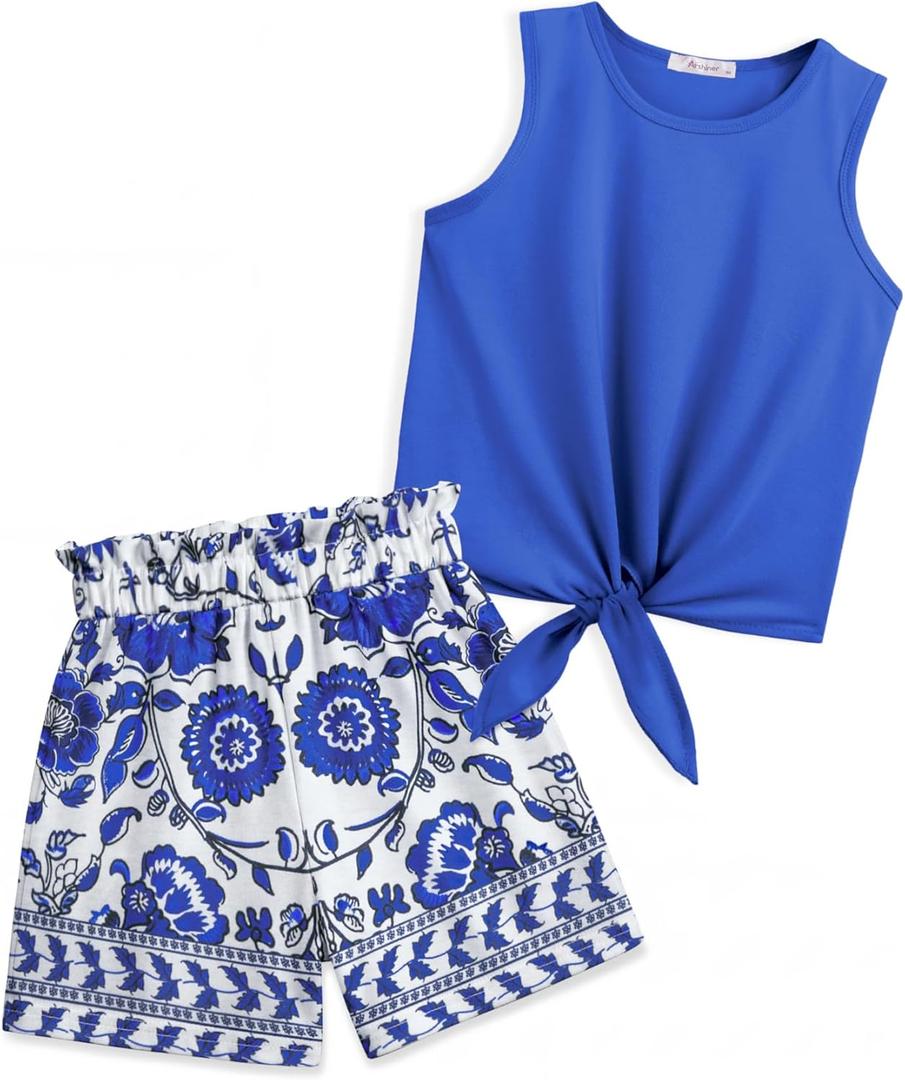 Arshiner Girl's 2 Piece Outfits Tie Knot Tank Top and Paperbag Waist Pocketed Summer Short Sets (Blue, 150)