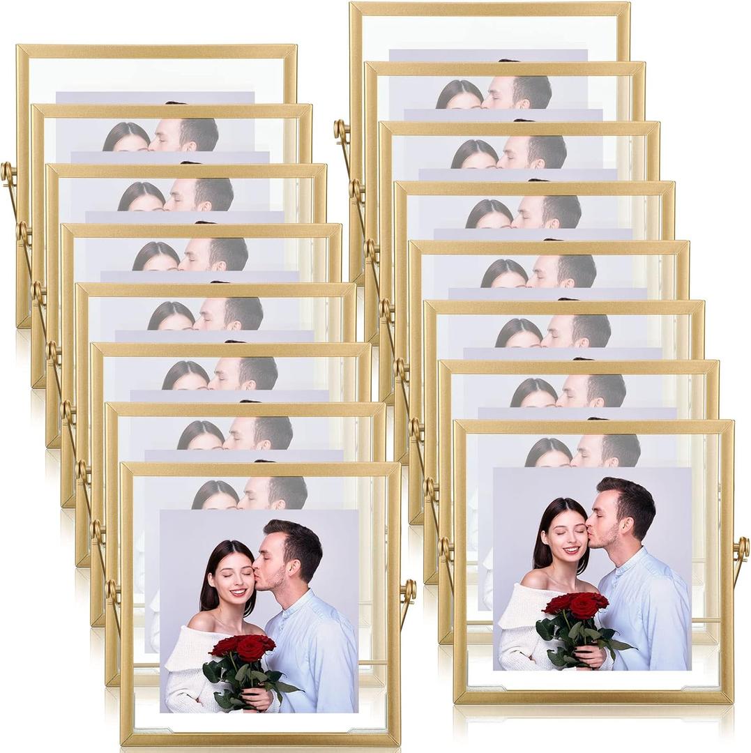 Hoteam 16 Pcs Gold Floating Frames 4 x 4 Inches Glass Photo Frames Vertical Vintage Metal Picture for Wedding Photo Picture Mounting Tabletop Display Office Decor(Gold)