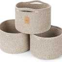 Small Rope Baskets for Storage, Baskets for Gifts Empty, Cute Round Woven Basket, Decorative Shelf Baskets 9.829.827.1", Cotton Toy Basket Storage Bins for Organizer 3 Packs-Brown