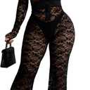 SxClub Clubwear Sexy Jumpsuit for Women Bodycon Long Sleeve See Through Long Skinny Pants for Evening Party (Small, Leaves/Black)