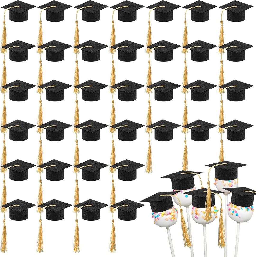 Hahafelt 36pcs Mini Felt Graduation Cap Lollipop Toppers with Tassel Class of 2026 Congrats Party Supplies for Cupcake Decor