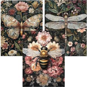 3 Pack Diamond Art Kits for Adults, Bee Diamond Painting Kits for Adults, 5D DIY Round Drill Gem Art Paint with Diamonds Dots Crafts Kits for Home Decor Gift 12x16inch (Bee Butterfly and Dragonfly)