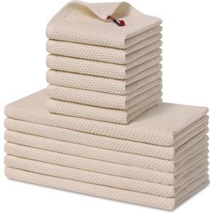 Homaxy 100% Cotton Kitchen Towels and Dishcloths Set, 12 x 12 Inches and 13 x 28 Inches, Set of 12 Bulk Kitchen Towels Set, Ultra Soft Absorbent Dish Cloths for Washing Dishes, Beige