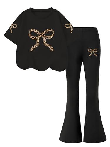 Verdusa Girl's 2 Piece Outfits Short Sleeve Bow Tees and Flared Pants 2026 Summer Clothing Set Size 8-12 Years Leopard Black 11 Years