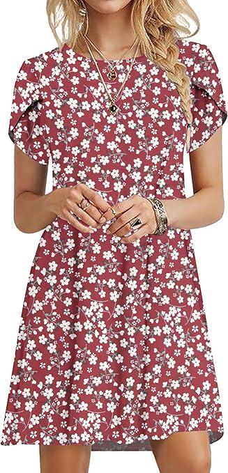 PLOKNRD Women's Casual Dress Summer Short Sleeve T-Shirt Dress Crew Neck Basic Dresses 2025 (Blue White Flower), L