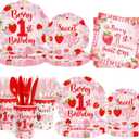 Berry First Birthday Decorations Strawberry 1st Birthday Tableware Set Sweet One Strawberry Bday Party Supplies Decor for Girls include Disposable Plates Napkins Cups Forks Knives Serve 30