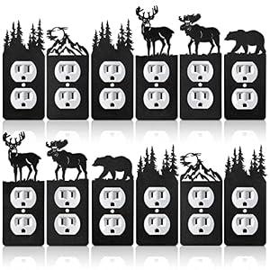 Kingdder 12 Pcs Metal Bear Light Switch Cover Moose Tree Mountain Elk Black Light Switch Plate Forest Outlet Toggle Wall Plate Cover for Home Bedroom Single Gang Socket