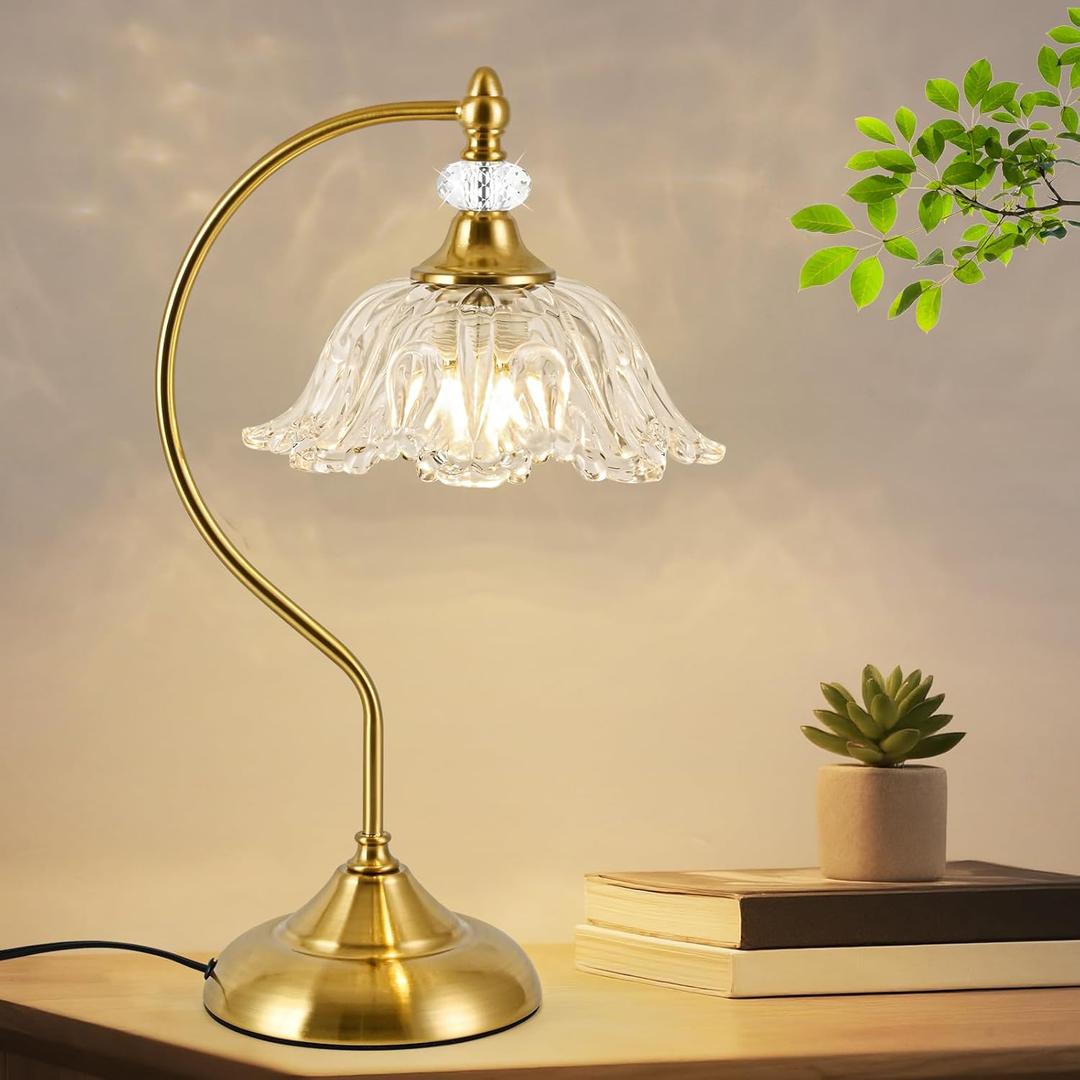 sunkryster Table Lamp for Bedroom,Crystal Glass Beside Lamp,Plug in Dimmable Black Lamp Flower Nightstand Lamp for Living Room, Office, Desk, Home Decor