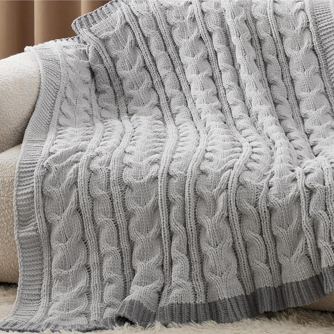 Bedsure Cable Knit Throw Blanket for Couch Bed - Breathable Chenille Chunky Knit Throw Blanket for Decorative Gift, Gentle Soft Cozy and Warm for Winter and All Seasons, Grey, 50x60 Inches