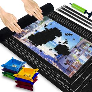 Jigsaw Puzzle Mat Roll Up with Storage Bag, 8 Sorting Trays, Inflatable Tube & Pump | Portable Puzzle Board & Saver for Up to 2000 Pieces | Felt Mat for Adults, Teenage, Travel