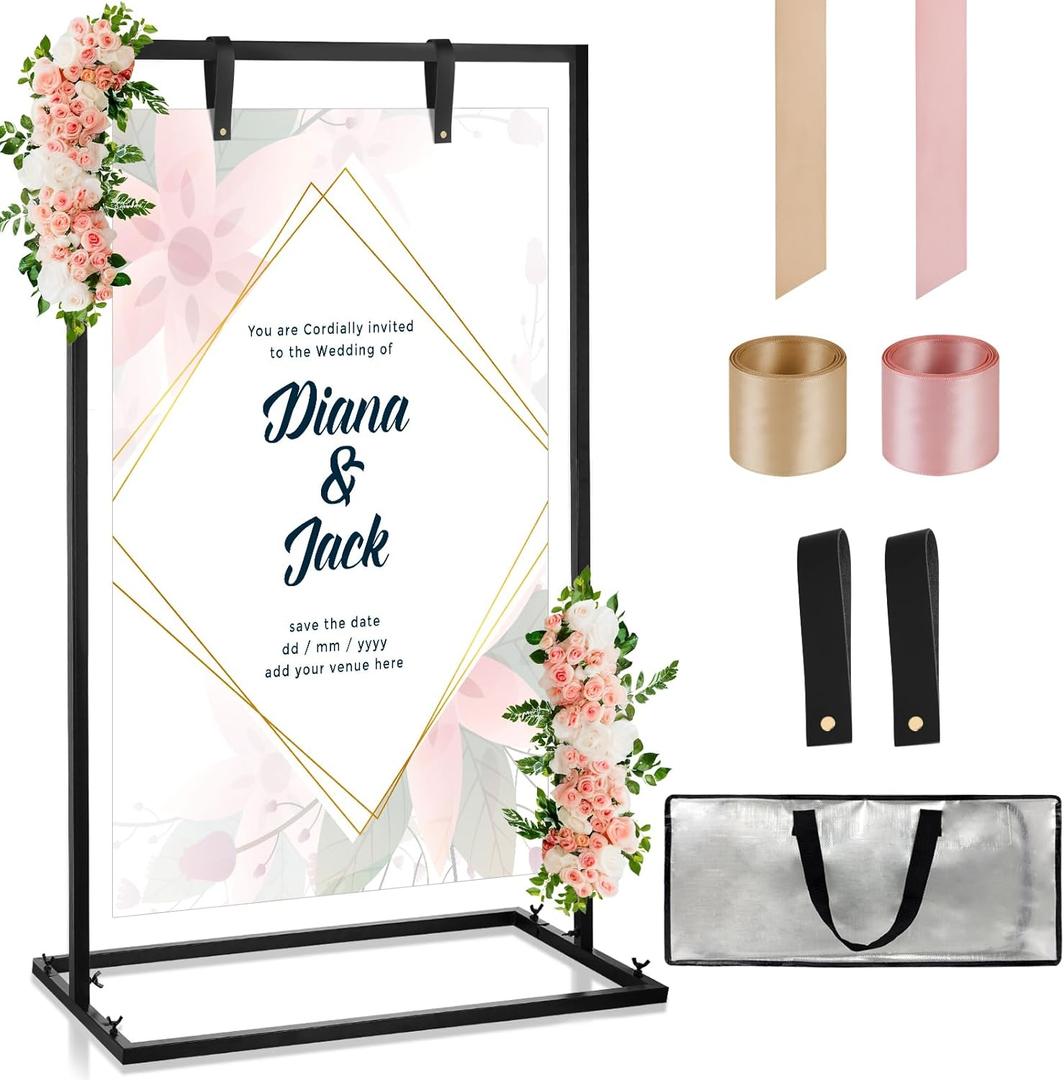FACULX Wedding Sign Holder, Welcome To Our Wedding Sign Stand with Satin Ribbon and Bundle, Heavy Duty Easel Stand for Sign, 62x31x14.5 Metal Floor Standing Easels for Signs, Poster - Black