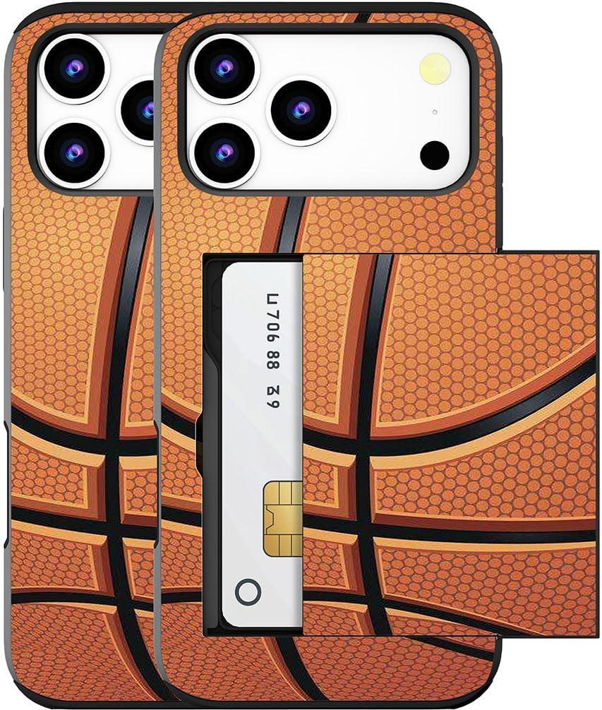 Compatible for iPhone 17 Pro Max Case with Card Holder Cute - Kawaii Design Military-Grade Drop Protection Rugged Wallet Cases for Women (Black Basketball Sports)