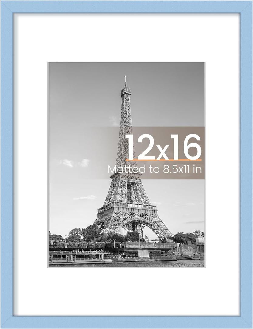 Upsimples 12x16 Picture Frame, Display Pictures 8.5x11 with Mat or 12 x 16 Without, Wall Hanging Poster Frames, Blue, 1 Pack