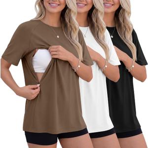 3 Pack Women's Oversized Nursing Tops for Breastfeeding with Hidden Zippers Loose Fit Short Sleeve Maternity Tops, L