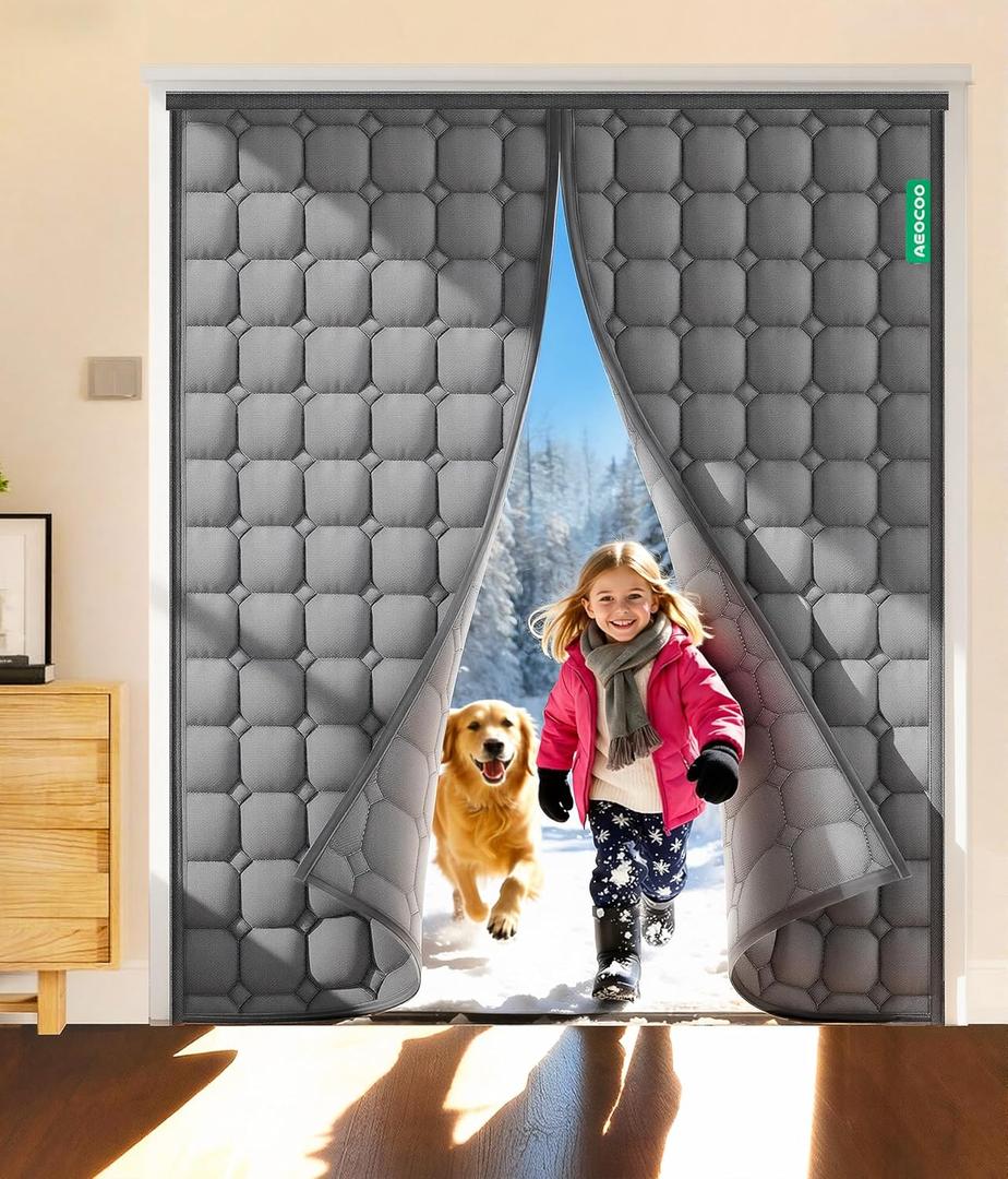 AEOCOO Thicken Wide Thermal Insulated Door Curtain, Fit Size up to 72 x 80 Inches, Magnetic Door Screen Curtain Filled with Thick Cotton for Winter, Sliding Glass/Patio/French/Front/Back, Grey, Square